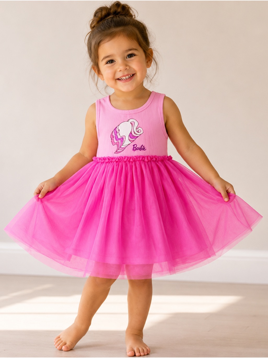 Barbie Hot Pink Sleeveless Tulle Skirt Dress-3t